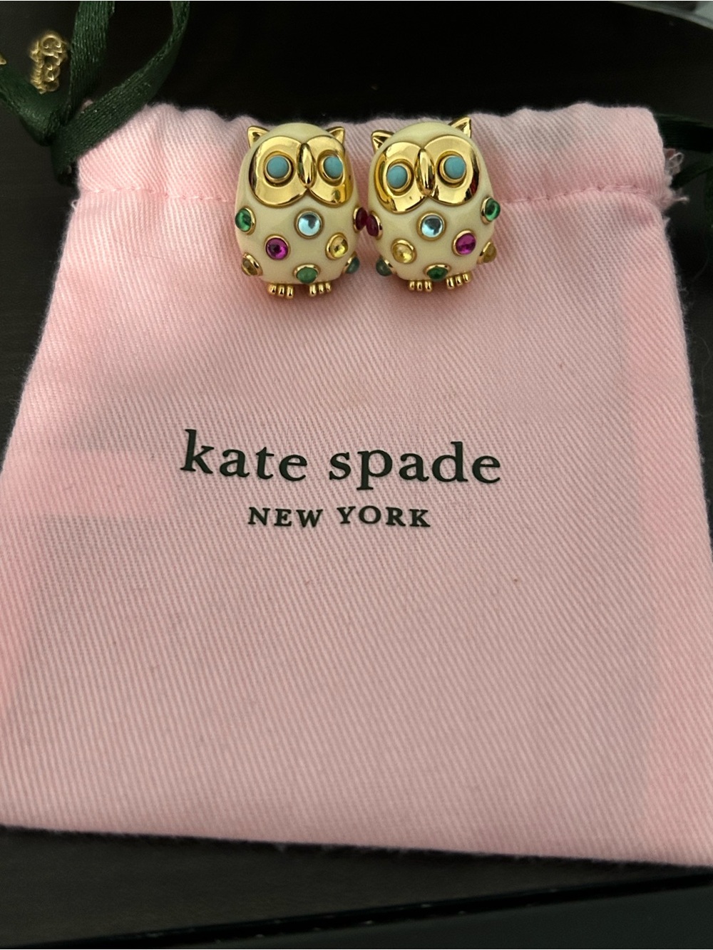 kate spade Gold Owl Stud Earrings with Cream Enamel and Multicolored Stones